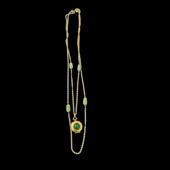 Vintage Goldette Lockett Layered Necklace Gold Tone Green Stone Glass Beads - Picture 1 of 5